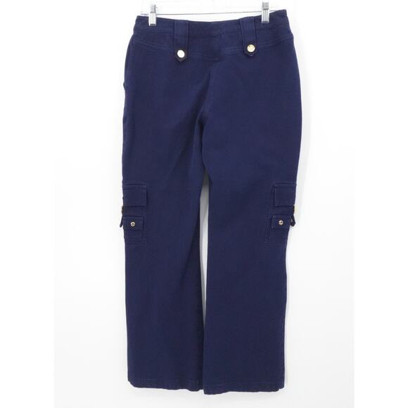 St John Sport Pants Womens 2 Navy Blue Cargo Utility Gold Button Pockets Stretch - Picture 2 of 13